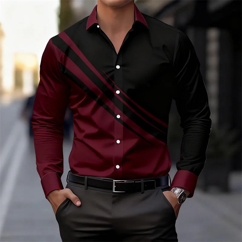 Men's color-blocked striped long-sleeved shirt, slim fit, stylish and unique business casual shirt, trendy new men's top, XS-6XL