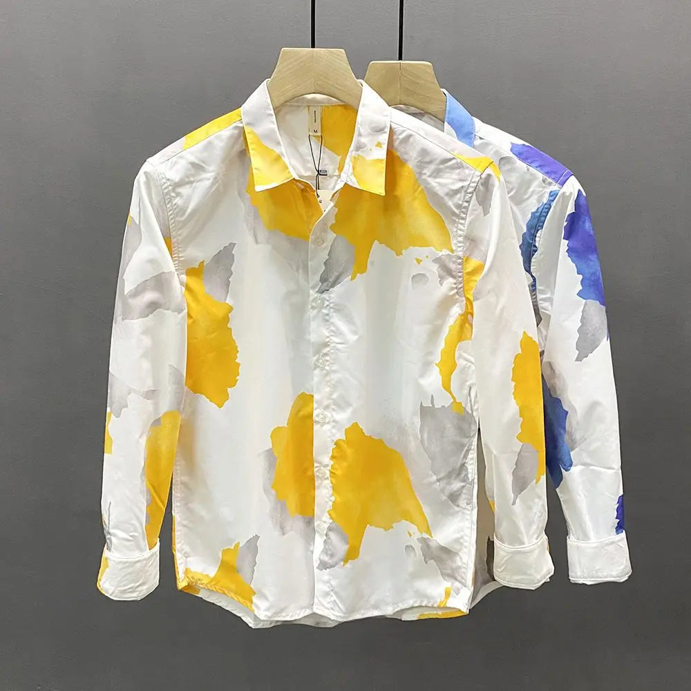 Spring Autumn New Turn-down Collar Fashion Long Sleeve Shirt Man Printing Button Patchwork Shirt Korean Style Pure Cotton Tops