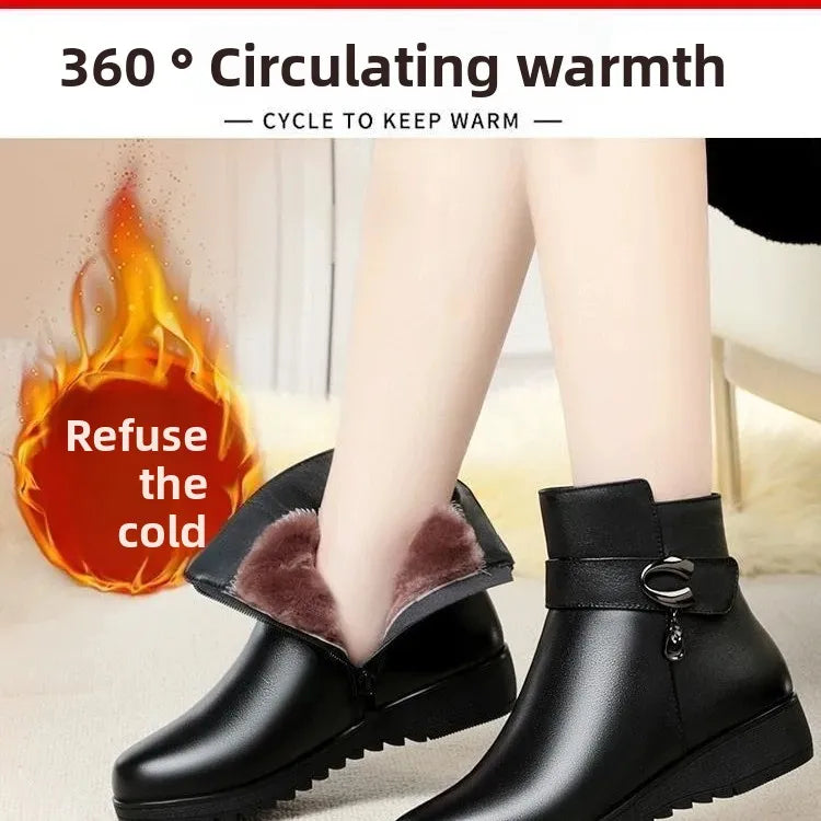 Fashionable Thickened Fleece Lined Flat Bottom Women's Cotton Boots Winter Warm Anti-slip Soft Sole Comfortable Mom Shoes