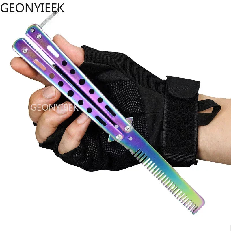 Foldable Comb Stainless Steel Practice Training Butterfly Knife Comb Beard Moustache Brushe Salon Hairdressing Styling Tool