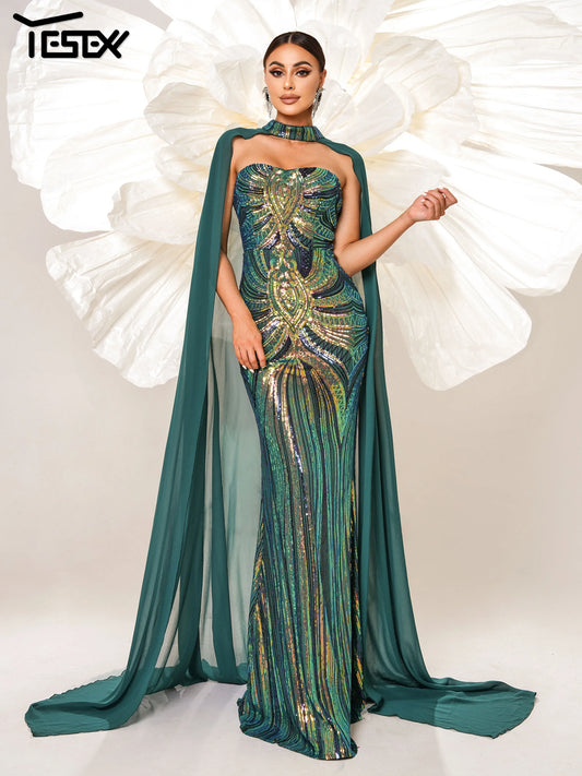 Yesexy 2025 New Elegant Beautiful Women's Dress Round Neck Geometry Sequin Mermaid Evening Gown Wedding Birthday Party Dress