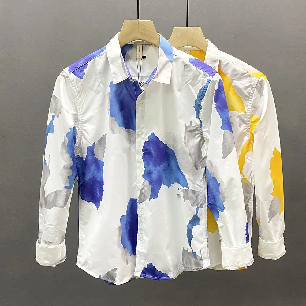 Spring Autumn New Turn-down Collar Fashion Long Sleeve Shirt Man Printing Button Patchwork Shirt Korean Style Pure Cotton Tops