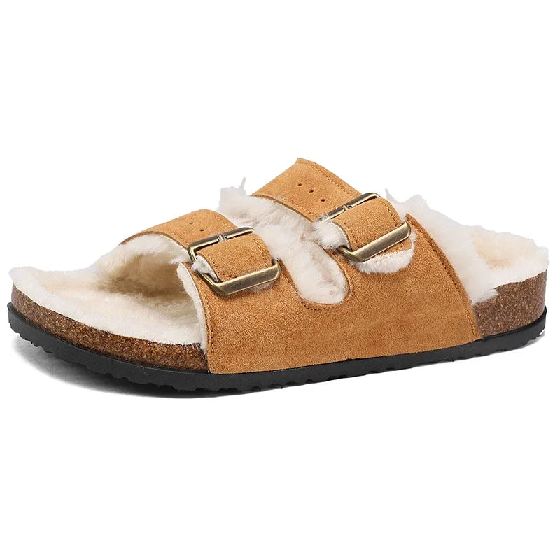 Men Women Plush Fur Slippers with Double Buckle Cork Sandals Winter Supper Warm Home Shoes Barefoot Comfort Footbed Sales