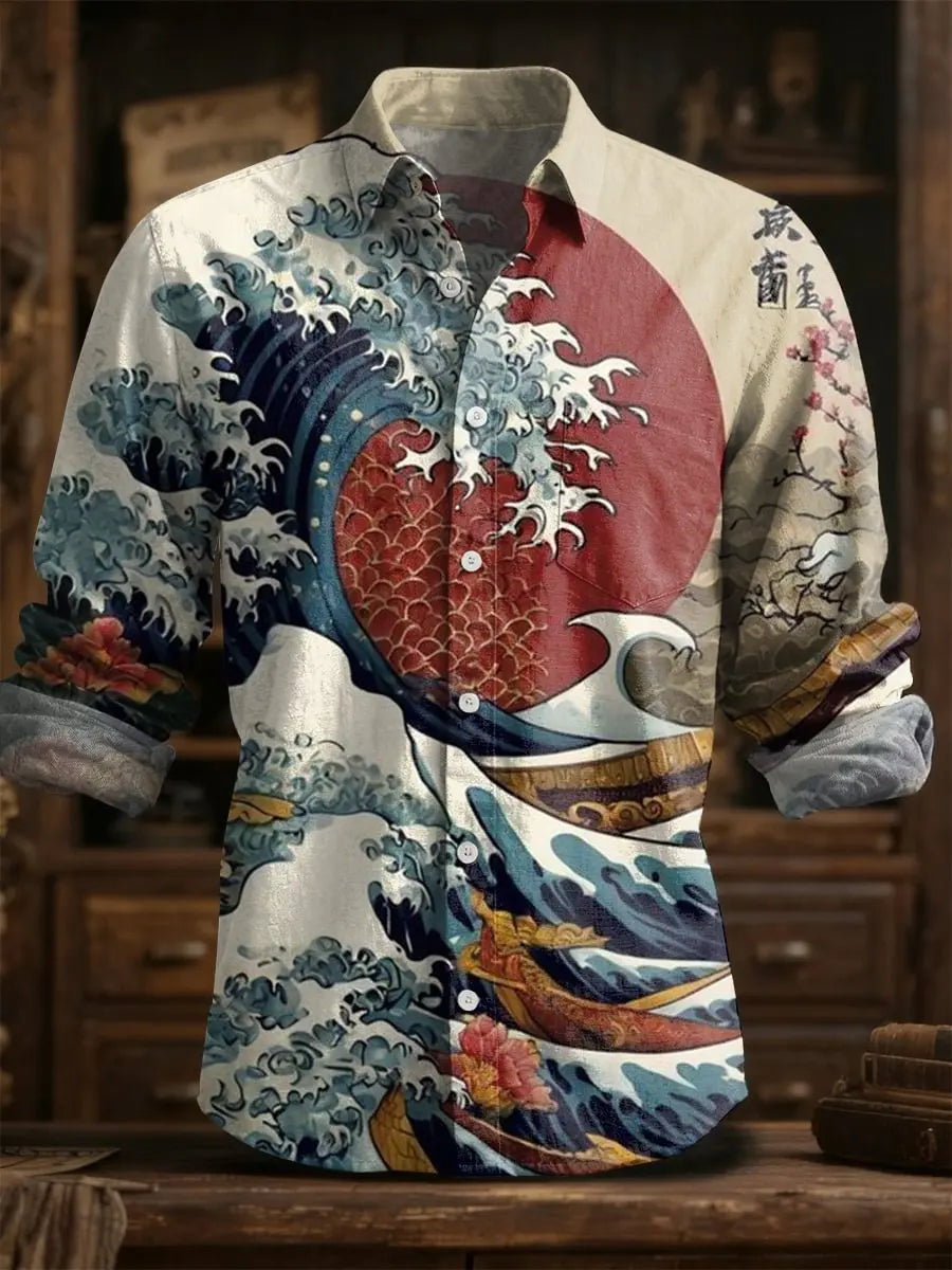 2025 Spring/Summer Men's Fashion Linen Long Sleeve Linen Shirt, Elegant Printing, Exquisite Flower Design