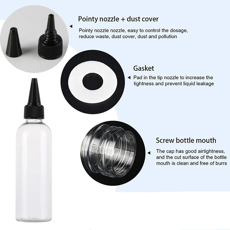30Pcs 10/30/50/60/100/120ML Clear Plastic Bottles Applicator With Black Twist Top Cap BPA-Free For Hair Oils and Liquids
