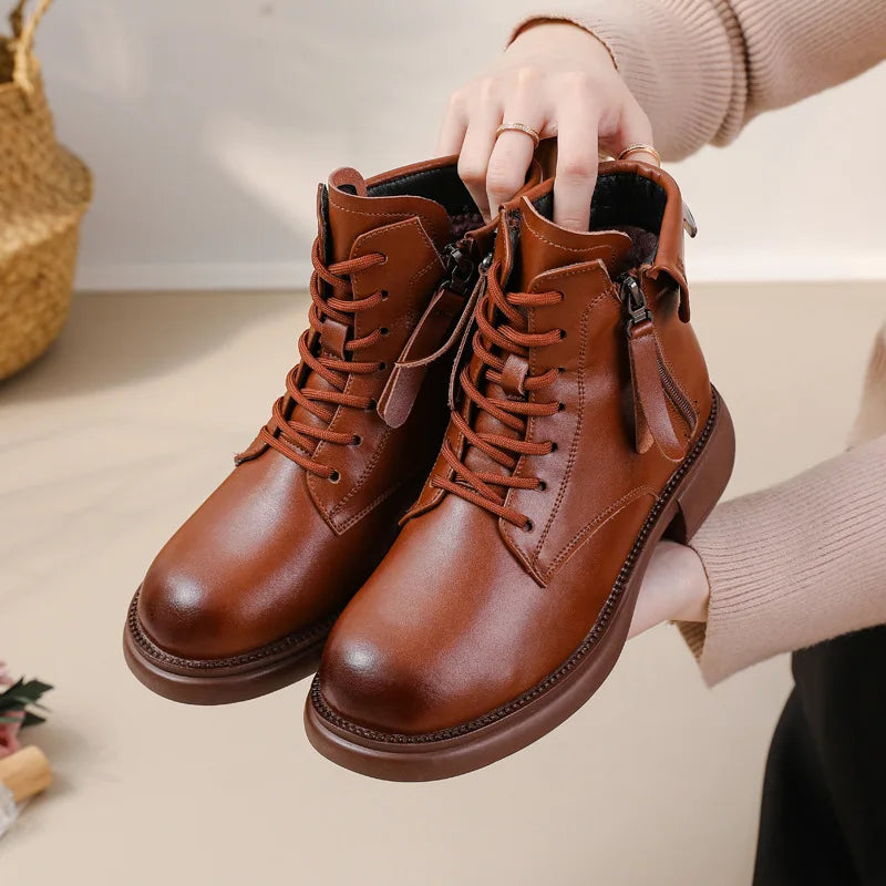 2024 Autumn New Low Heel Bull Muscle Sole Ankle Boots Korean Edition Casual Genuine Leather Women's Boots Warm and Comfortable