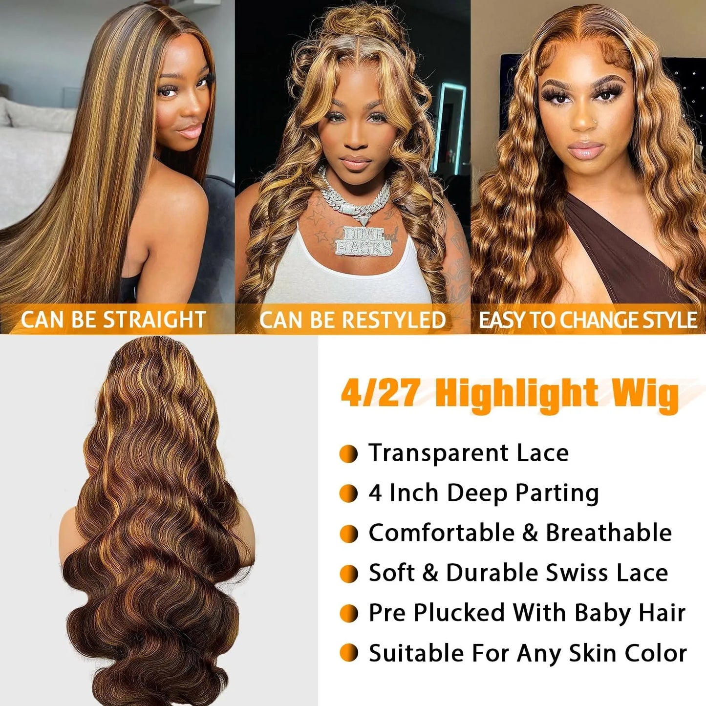 30Inch Highlight Body Wave Lace Front Wig Human Hair with Baby Hair 13x4 HD Transparent Lace Frontal Human Hair P4/27 Wigs
