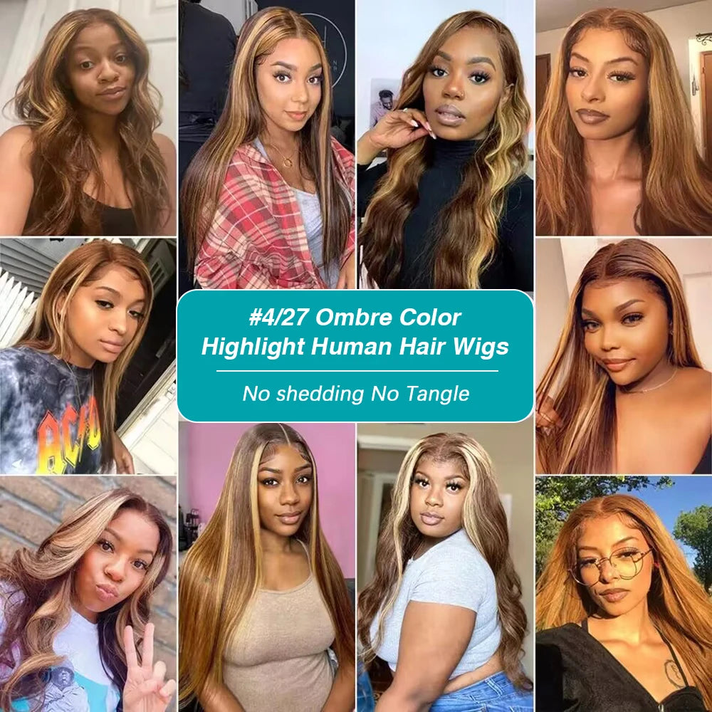 13x6 Highlighted Wig Human Hair 4/27 Colored Straight HD Lace Front Wig Ombre Lace Frontal Wigs Pre Plucked With Baby Hair