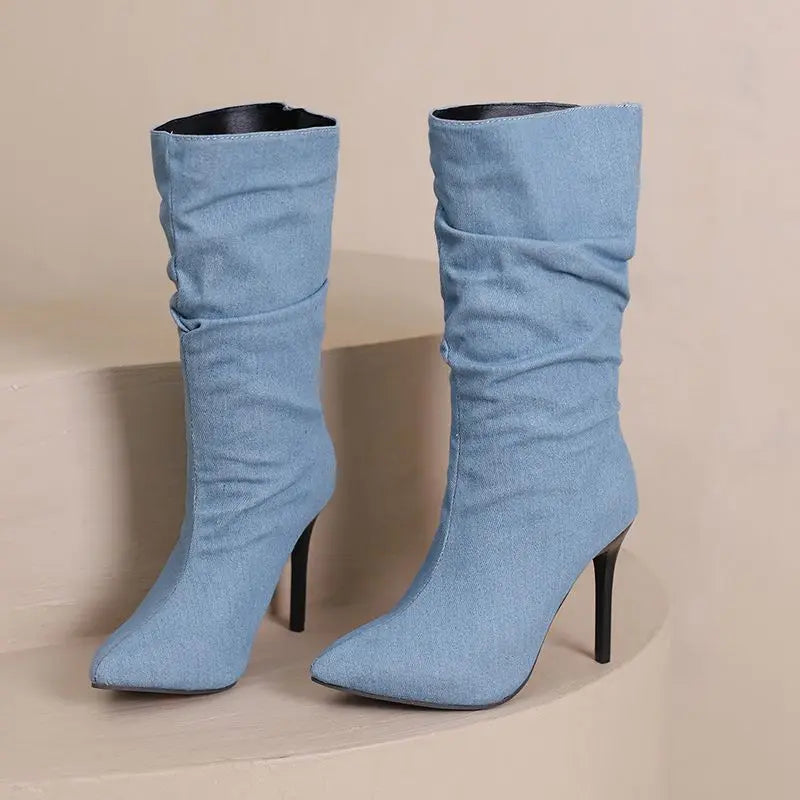 SIMLOVEYO Brand Women Mid Calf Boots Pointed Toe Stiletto 10CM Slip On Sexy Dating Female Booty 43 42 44 45 46 47 48 Black Blue