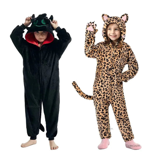 Kids Anime Leopard Cat Kigurumi Costume Cosplay Cartoon Jumpsuit for Children Halloween Christmas Girl Boy Hooded Pajamas Onesie