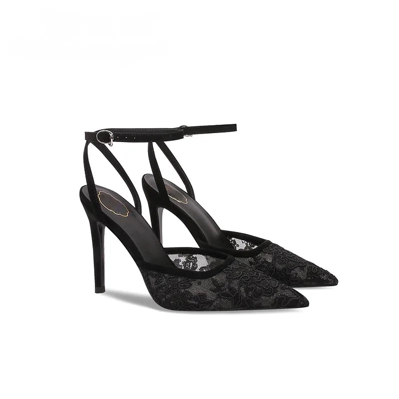 Fashion Luxury High Heels Women Sexy Lace Sandals Mesh Embroider Elegant Pointed Ladies Slingback Party Bridal Shoes Woma