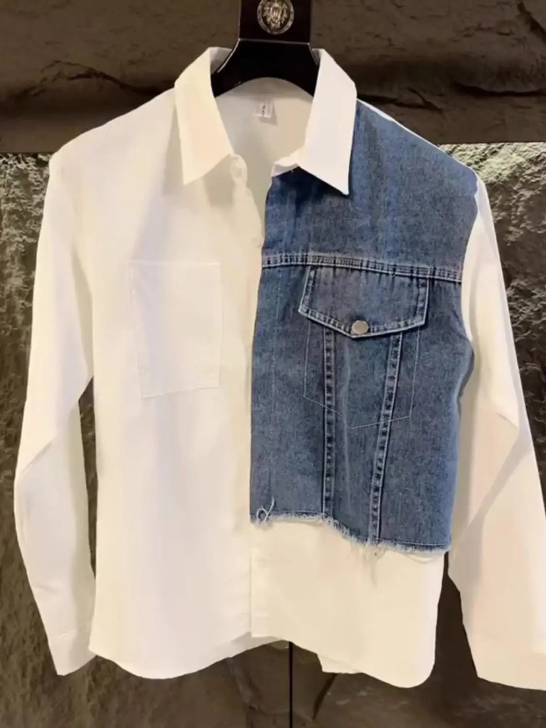 Denim Patchwork Contrast Collar Shirt Men's High-End Design Unique Shirt Trendy Long Sleeve Coat