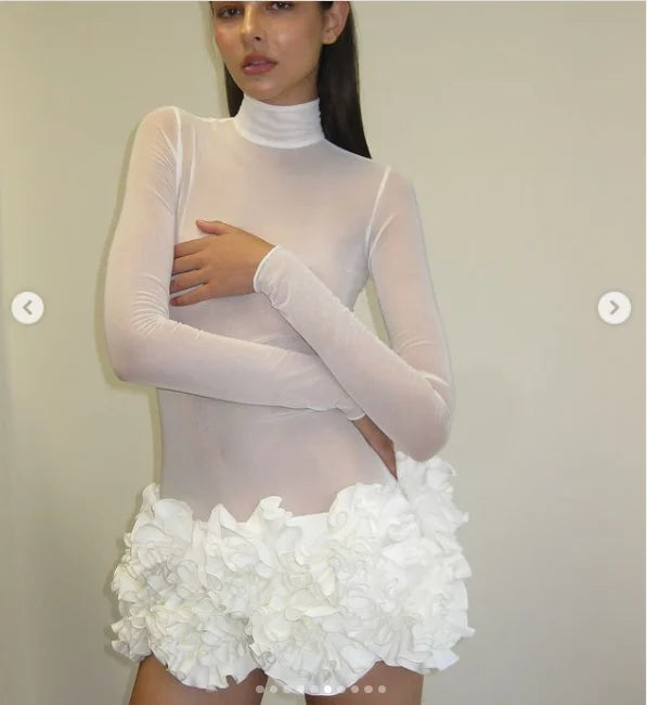 2024 New Sexy Mesh See through Stereoscopic Flowers Red Mini Evening Dress Sweet Woman Birthday Party Dress Performance costume