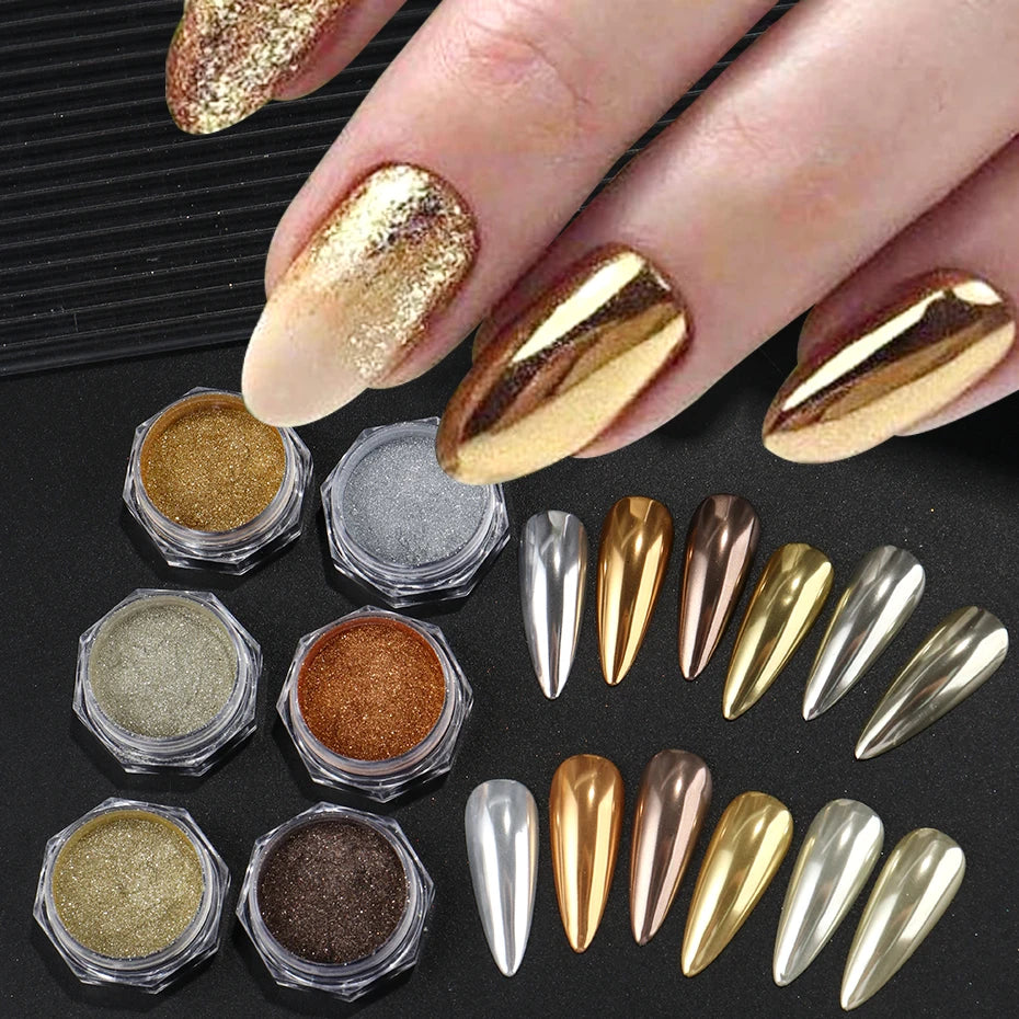 6 Box Gold Silver Metallic Mirror Glitter Nail Art Dust Champagne Gold Chrome Powder Rubbing Pigment Flake Dust Decorations
