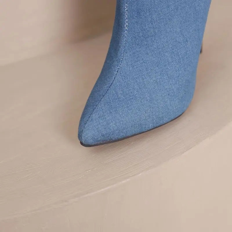 SIMLOVEYO Brand Women Mid Calf Boots Pointed Toe Stiletto 10CM Slip On Sexy Dating Female Booty 43 42 44 45 46 47 48 Black Blue