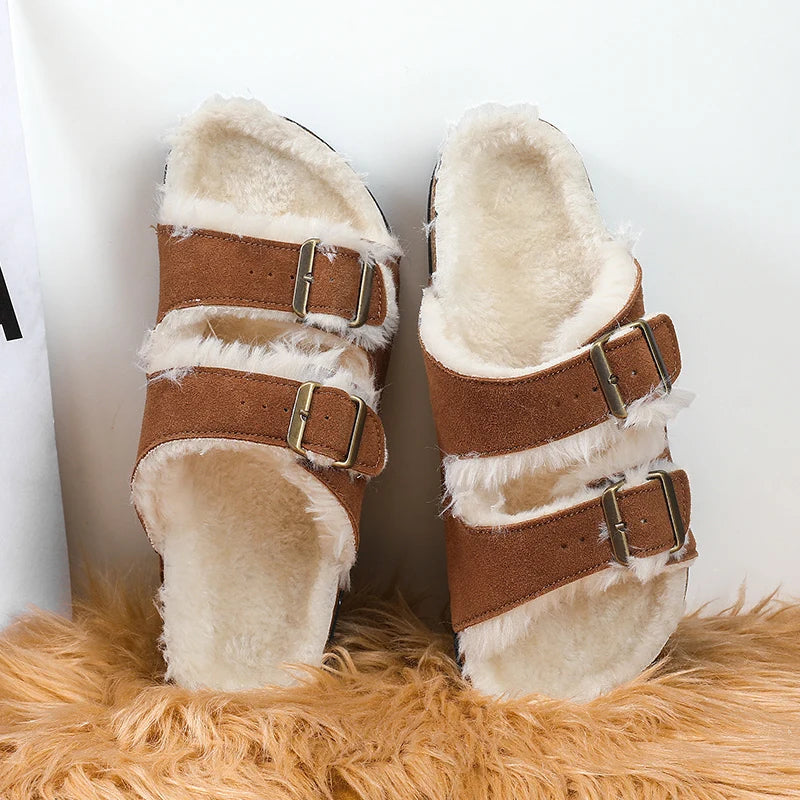 Men Women Plush Fur Slippers with Double Buckle Cork Sandals Winter Supper Warm Home Shoes Barefoot Comfort Footbed Sales