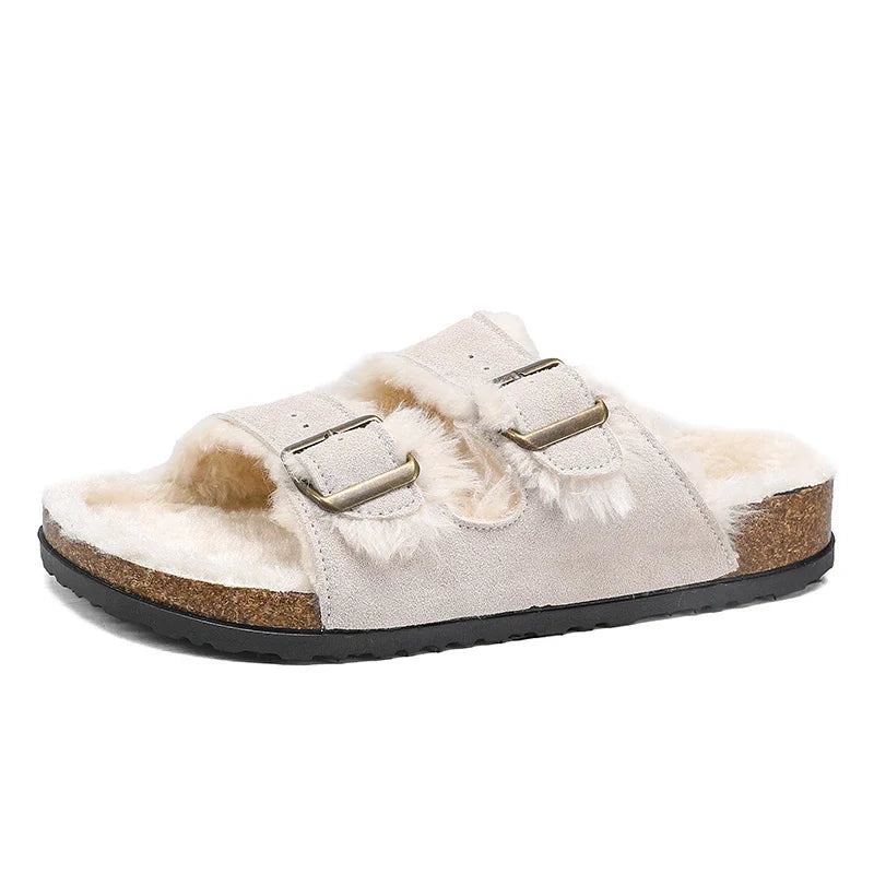 Men Women Plush Fur Slippers with Double Buckle Cork Sandals Winter Supper Warm Home Shoes Barefoot Comfort Footbed Sales
