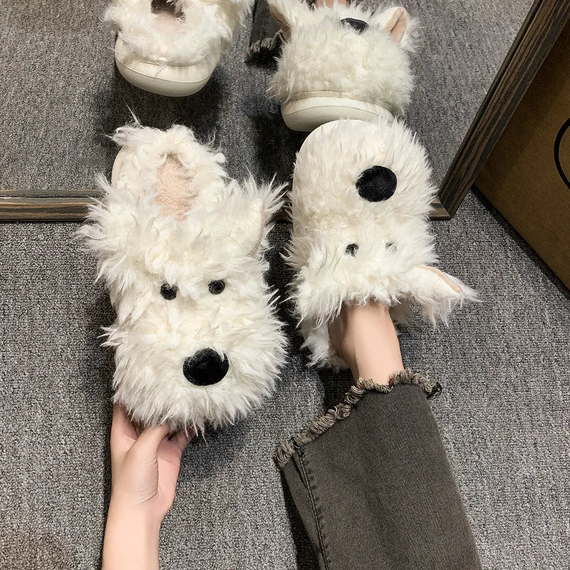 New winter plush slippers women's cartoon dog plush cotton shoes fashion indoor warm home slippers non-slip cotton shoes