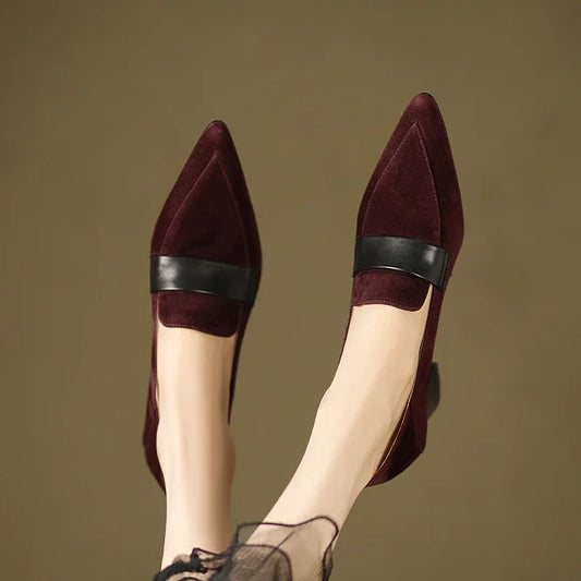 Vintage French Style Women's Shoes With Deep Scoop And Pointed Toe Soft Leather In Red Color Versatile For Spring And Autumn