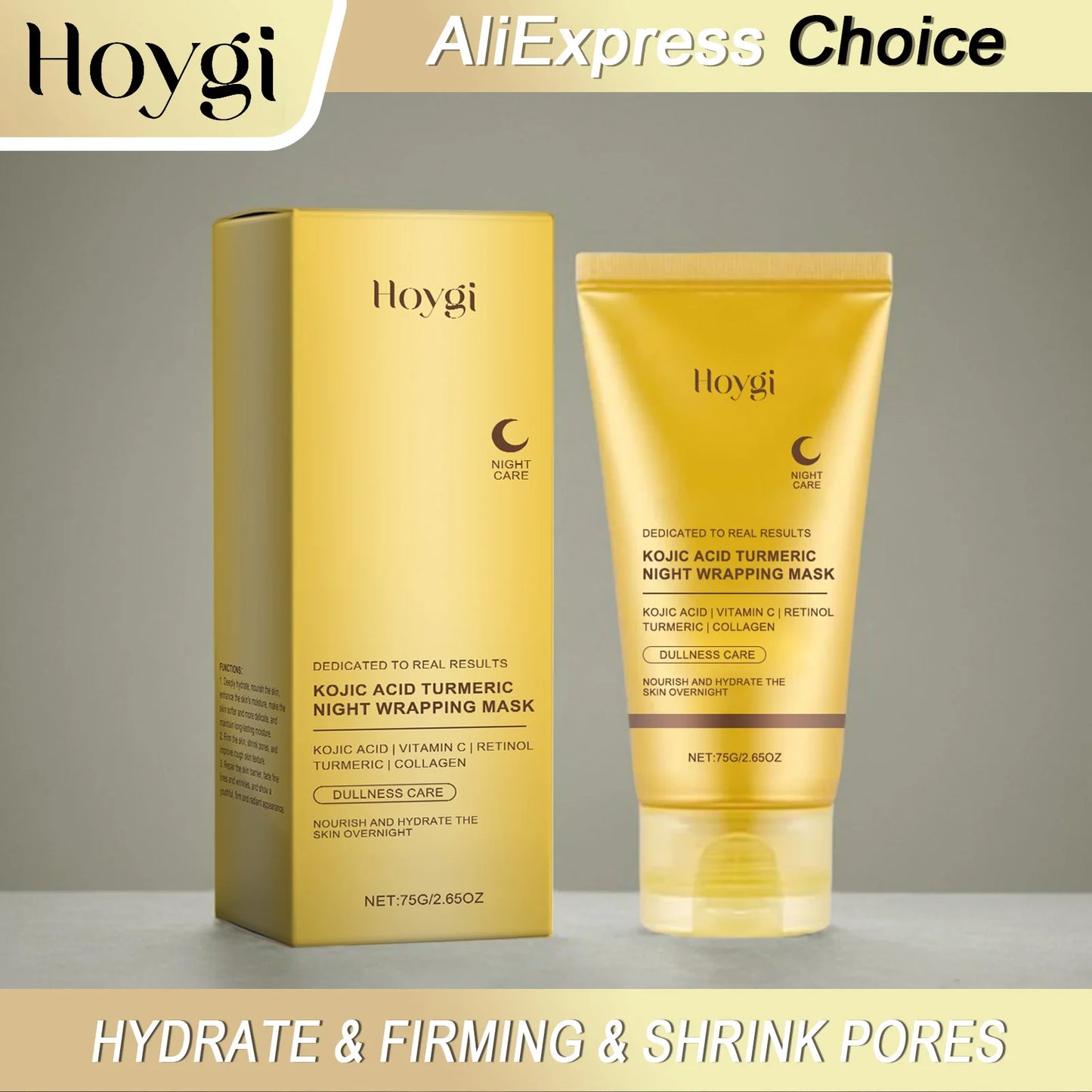 HOYGI Kojic Acid Turmeric Mask Overnight Peel off Mask Collagen Nourishing Hydrating Shrink Pores Brighten Dullness Skin Care