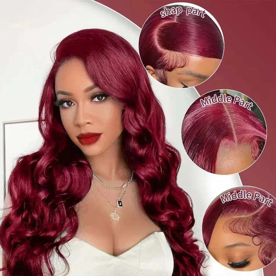 13x4 Burgundy 99J Body Wave hd Transparent lace wigs 30Inch lace front human hair Pre Plucked Brazilian Water Wave For Women wig