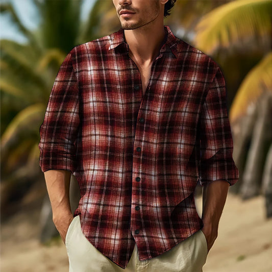 Fashion Men's Spring and Autumn Everyday casual British Academy Style Yarn-Dyed Plaid Plus-Size Loose Lapel Long-Sleeved Shirt