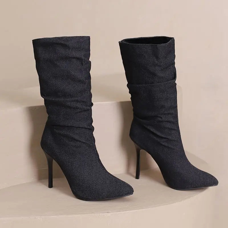 SIMLOVEYO Brand Women Mid Calf Boots Pointed Toe Stiletto 10CM Slip On Sexy Dating Female Booty 43 42 44 45 46 47 48 Black Blue