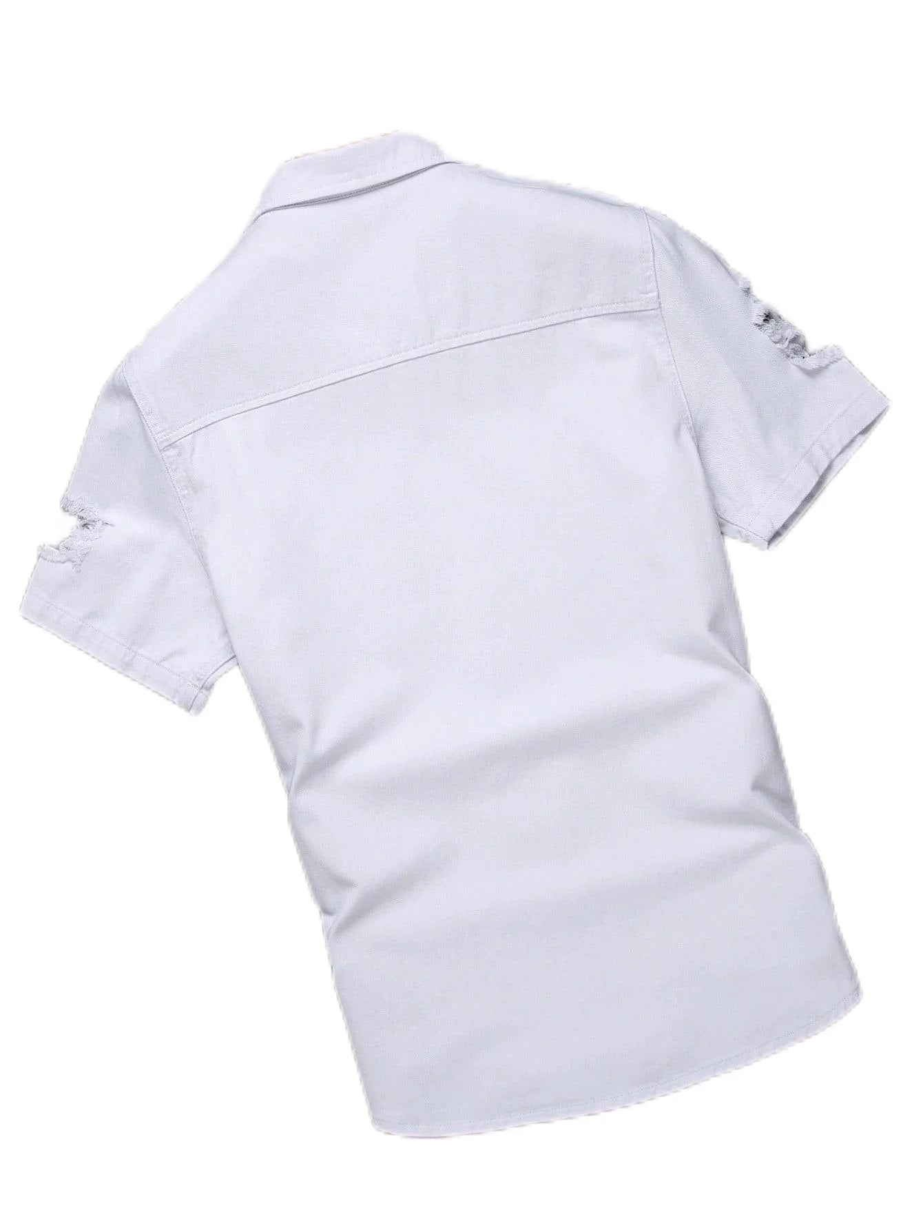 Men's white short - sleeved denim shirt with holes for summer. Suitable for daily casual wear, like going shopping.