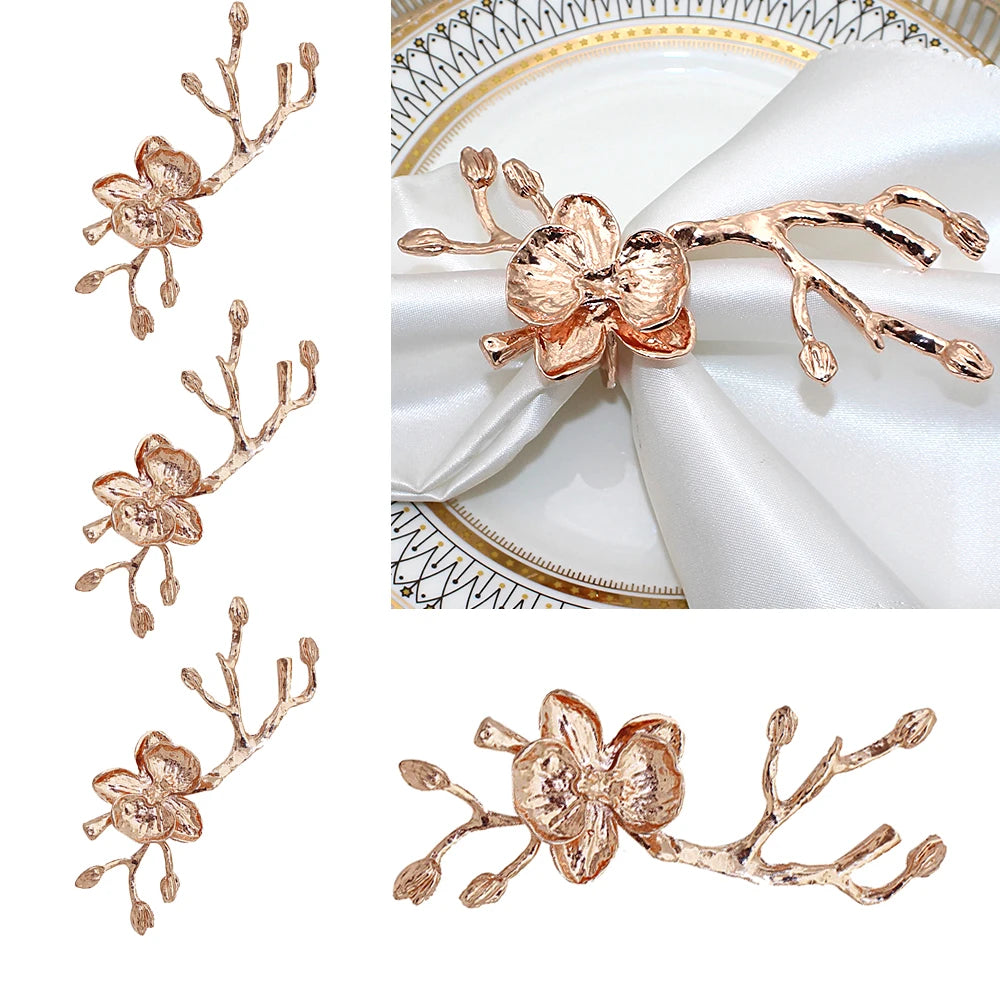 6Pcs Rose Gold Flower Napkin Rings Metal Plum Blossom Napkin Holder Christmas Napkin Buckles for Party Wedding Dining Decor