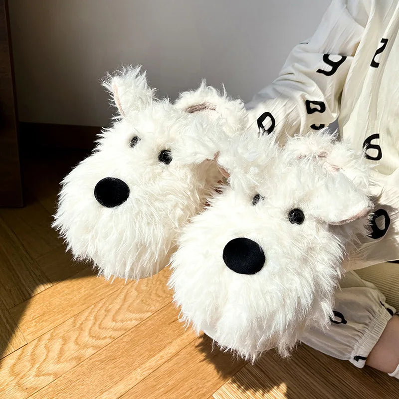 New winter plush slippers women's cartoon dog plush cotton shoes fashion indoor warm home slippers non-slip cotton shoes