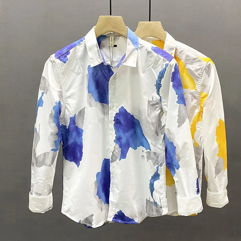 Spring Autumn New Turn-down Collar Fashion Long Sleeve Shirt Man Printing Button Patchwork Shirt Korean Style Pure Cotton Tops