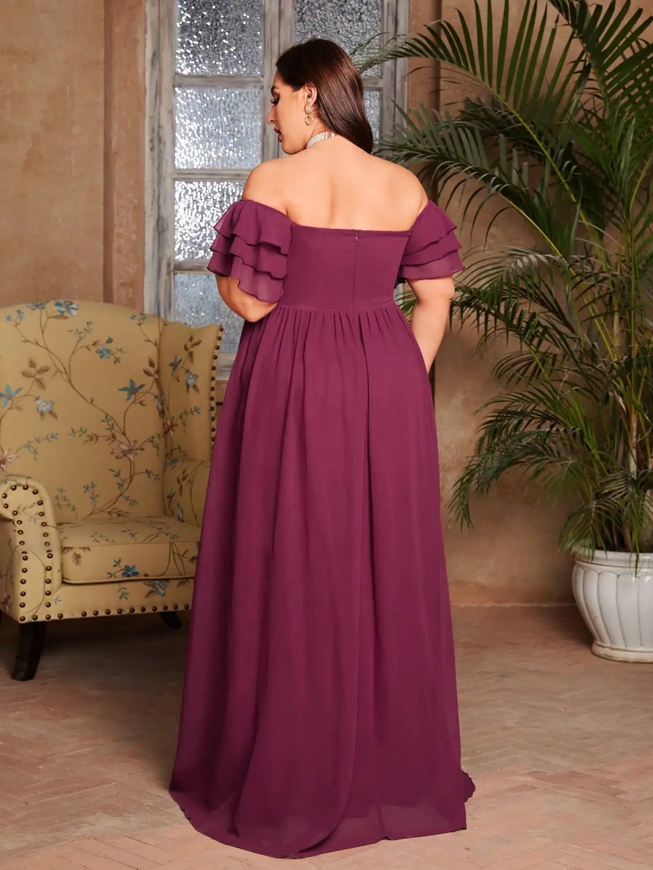 Mgiacy plus size Line neck irregular folding multi-layer lotus sleeve chiffon full skirt Evening gown ball dress Party dress