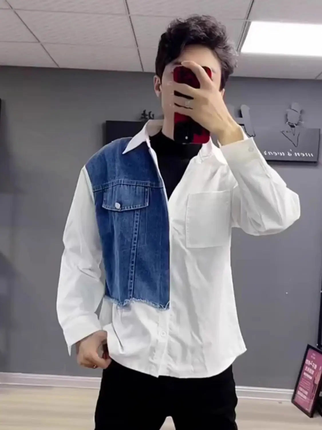 Denim Patchwork Contrast Collar Shirt Men's High-End Design Unique Shirt Trendy Long Sleeve Coat