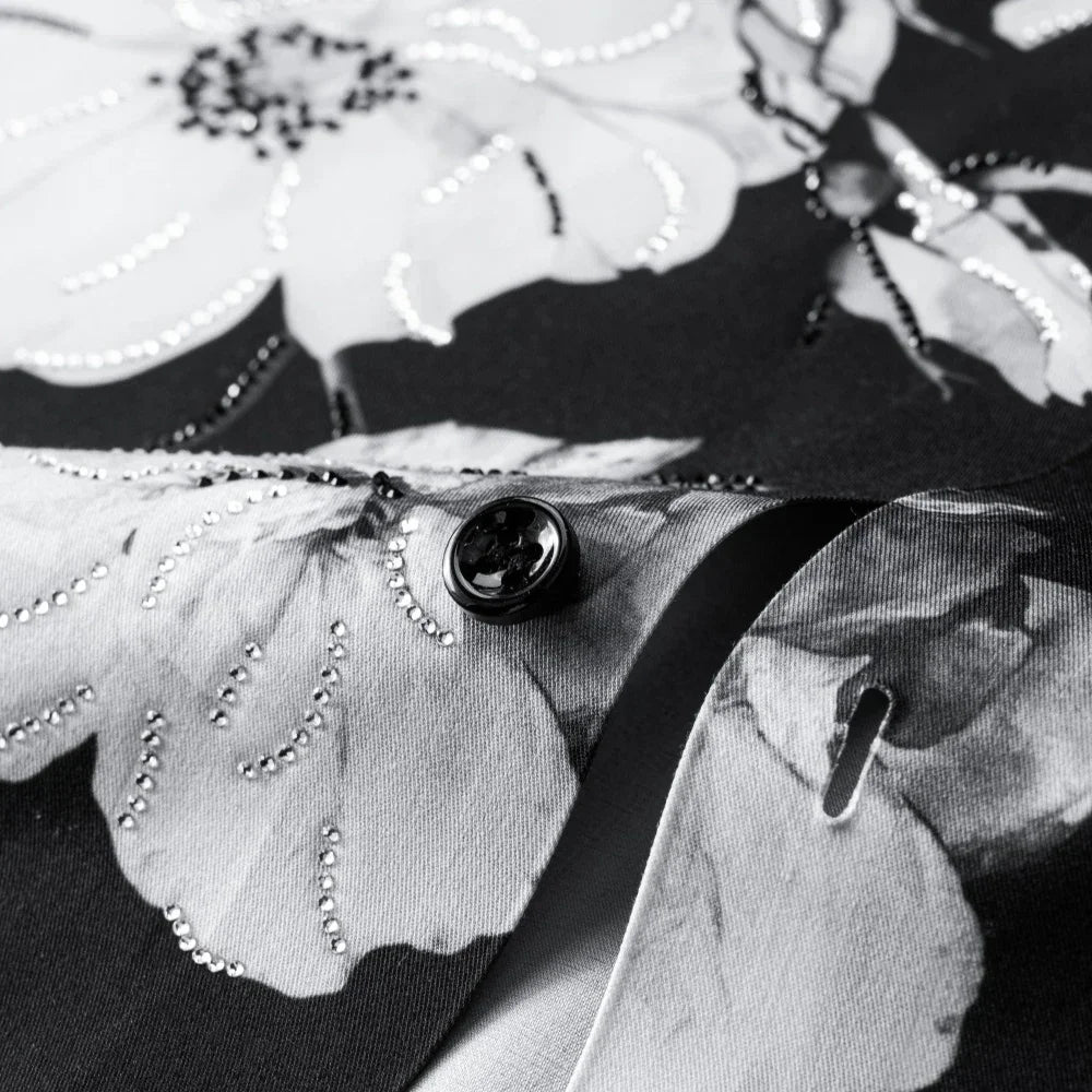 2025 Brand Rhinestone Flower Men's Shirt Long Sleeve Casual Business Dress Shirts Social Party Tuxedo Blouse Men Clothing 5XL