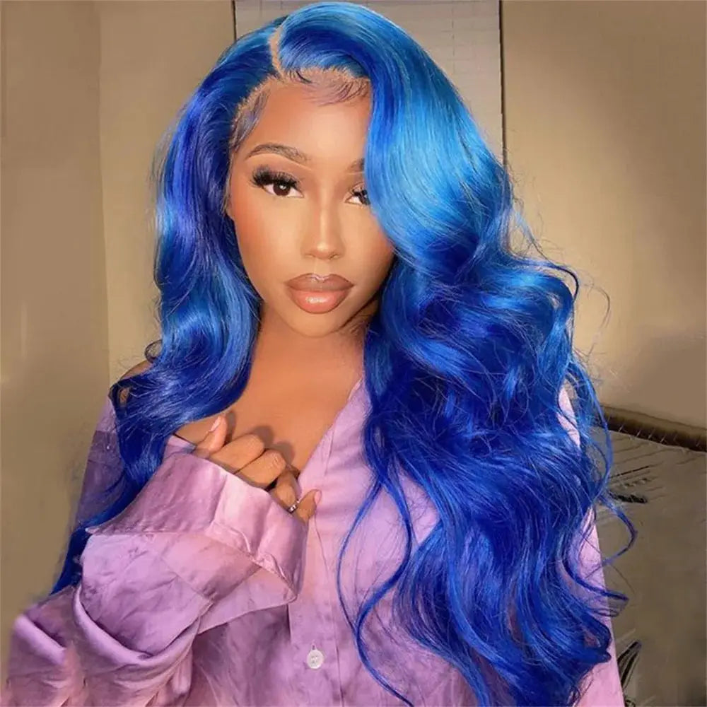 13x4 Sapphire Blue Lace Front Wig Body Wave Human Hair Wigs Dark Blue Color Transparent Pre-Plucked Lace Frontal Wigs For Women