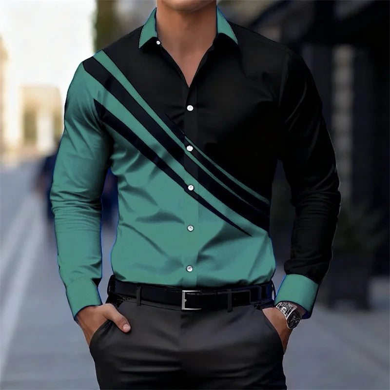 Men's color-blocked striped long-sleeved shirt, slim fit, stylish and unique business casual shirt, trendy new men's top, XS-6XL