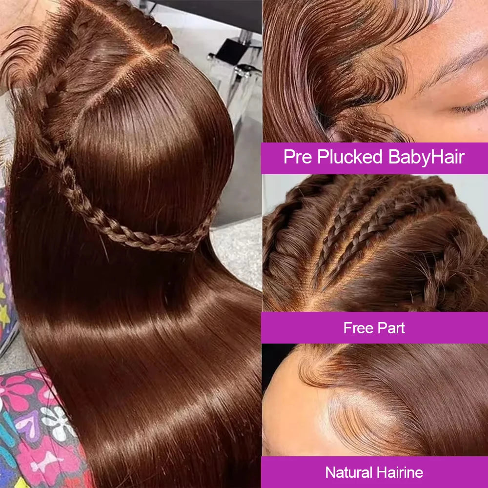 180 Density Straight Brown 13x4 HD Transparent Swiss Lace Brazilian Remy Hair Full Lace Frontal Wigs 100% Human Hair For Women