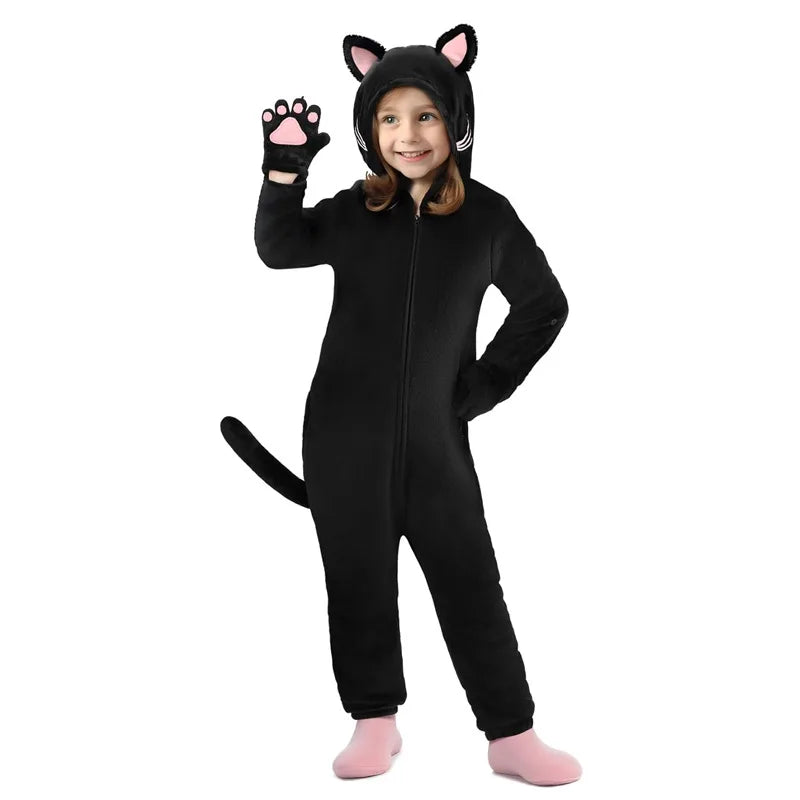 Kids Anime Leopard Cat Kigurumi Costume Cosplay Cartoon Jumpsuit for Children Halloween Christmas Girl Boy Hooded Pajamas Onesie