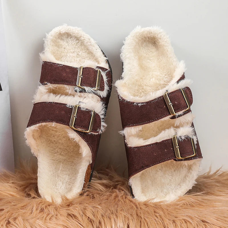 Men Women Plush Fur Slippers with Double Buckle Cork Sandals Winter Supper Warm Home Shoes Barefoot Comfort Footbed Sales