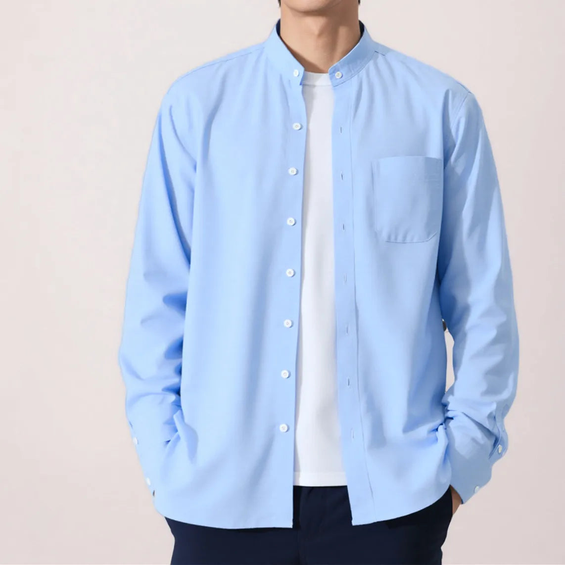 Autumn Mens Business Shirts Long Sleeve Mandarin Collor Oxford Pure Cotton Solid Color Casual Chinese Style Slim Office Top 5XL