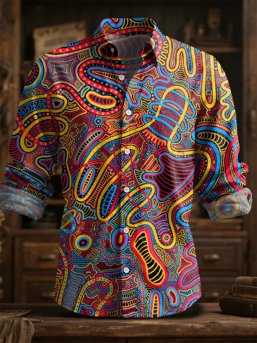 2025 Spring/Summer Men's Fashion Linen Long Sleeve Linen Shirt, Elegant Printing, Exquisite Flower Design