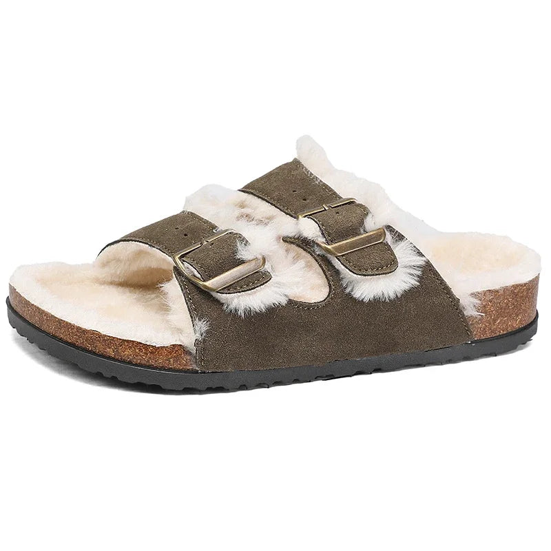 Men Women Plush Fur Slippers with Double Buckle Cork Sandals Winter Supper Warm Home Shoes Barefoot Comfort Footbed Sales