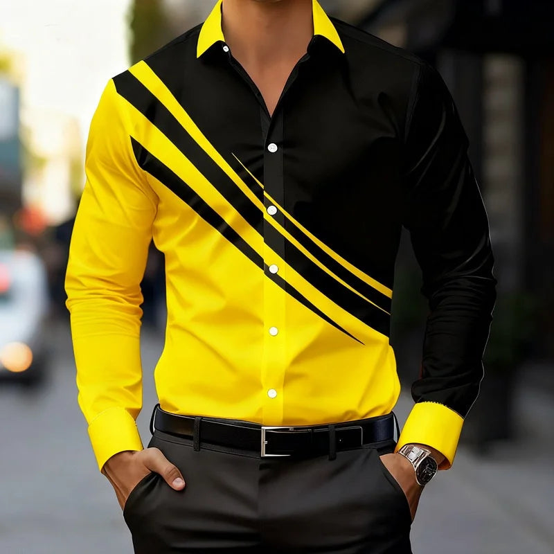Men's color-blocked striped long-sleeved shirt, slim fit, stylish and unique business casual shirt, trendy new men's top, XS-6XL