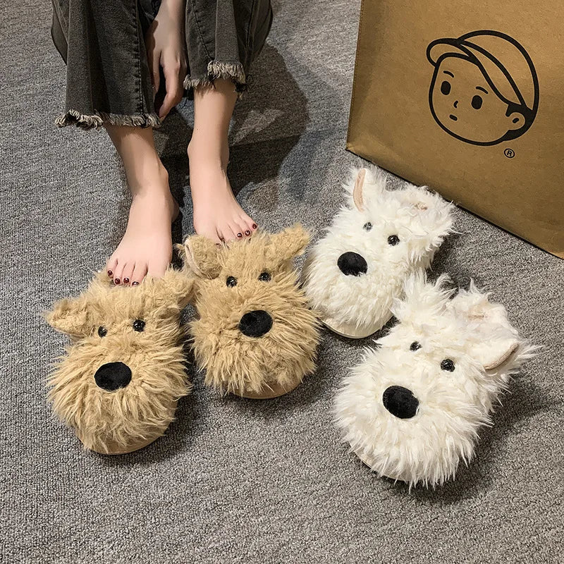 New winter plush slippers women's cartoon dog plush cotton shoes fashion indoor warm home slippers non-slip cotton shoes