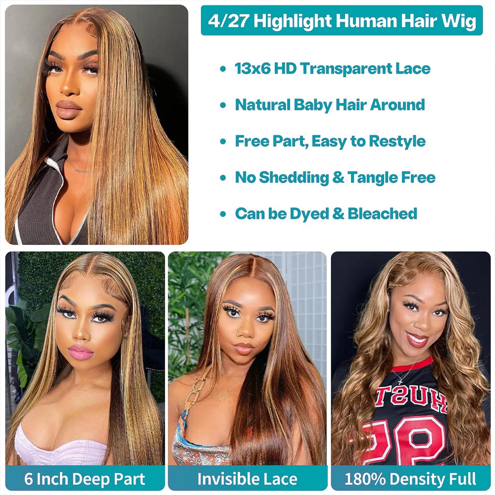 13x6 Highlighted Wig Human Hair 4/27 Colored Straight HD Lace Front Wig Ombre Lace Frontal Wigs Pre Plucked With Baby Hair