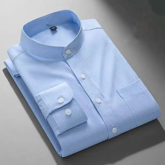 Autumn Mens Business Shirts Long Sleeve Mandarin Collor Oxford Pure Cotton Solid Color Casual Chinese Style Slim Office Top 5XL
