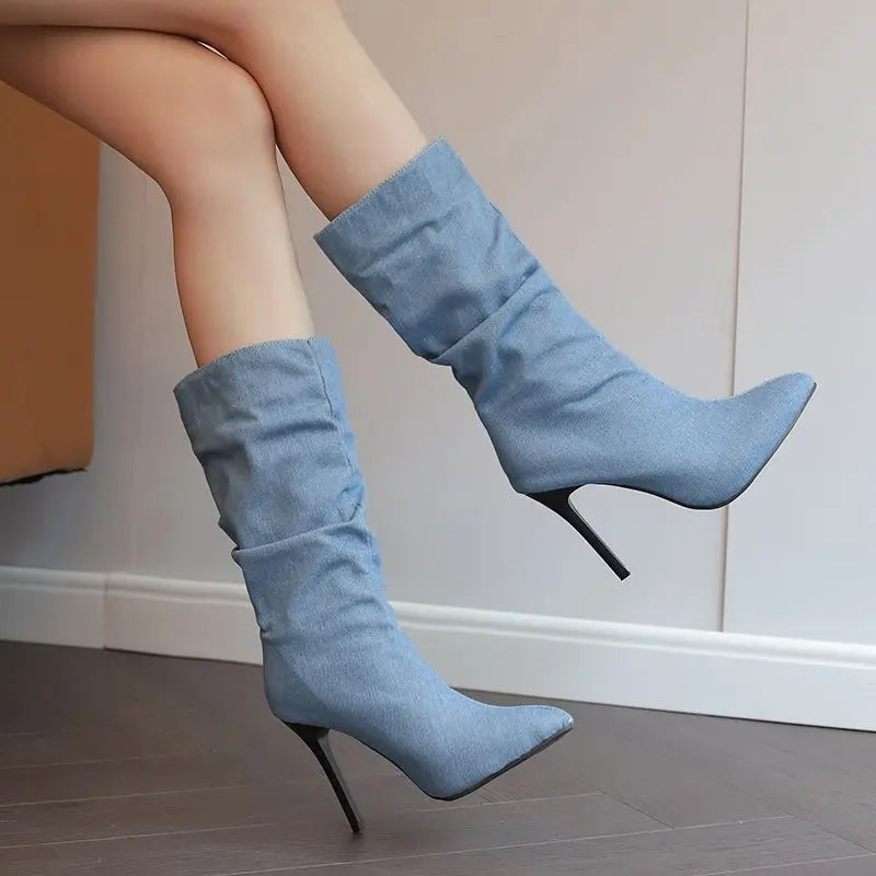 SIMLOVEYO Brand Women Mid Calf Boots Pointed Toe Stiletto 10CM Slip On Sexy Dating Female Booty 43 42 44 45 46 47 48 Black Blue