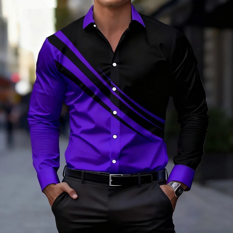 Men's color-blocked striped long-sleeved shirt, slim fit, stylish and unique business casual shirt, trendy new men's top, XS-6XL