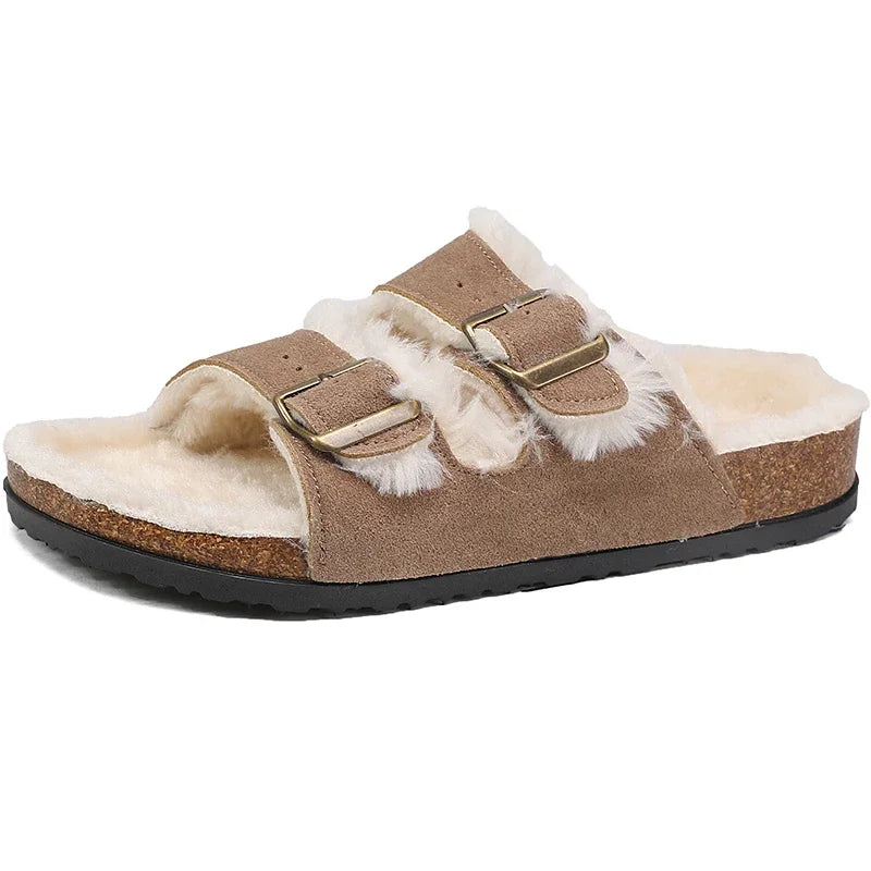 Men Women Plush Fur Slippers with Double Buckle Cork Sandals Winter Supper Warm Home Shoes Barefoot Comfort Footbed Sales